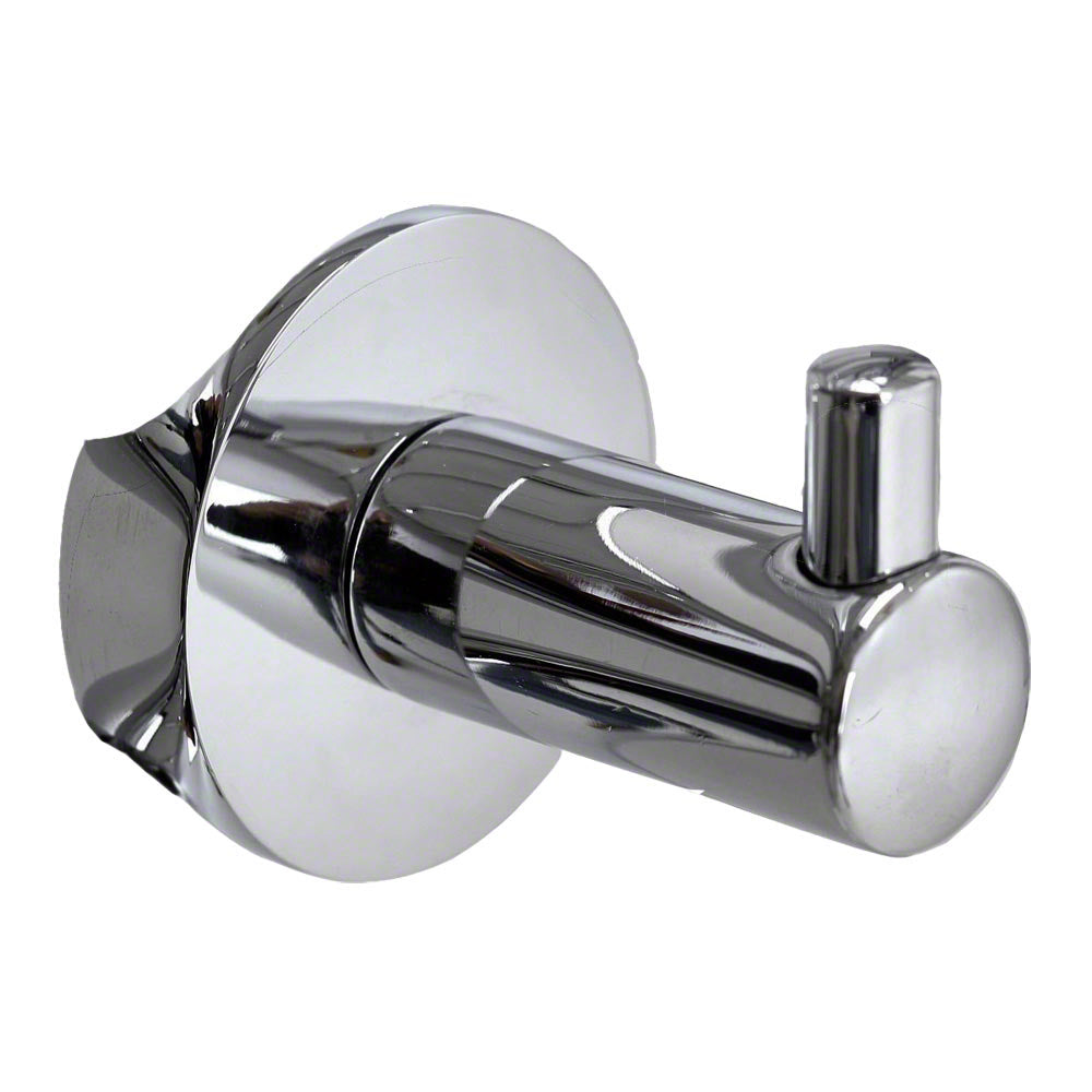 Polished chrome single robe hook with cylindrical hook and circular wall mounting plate.