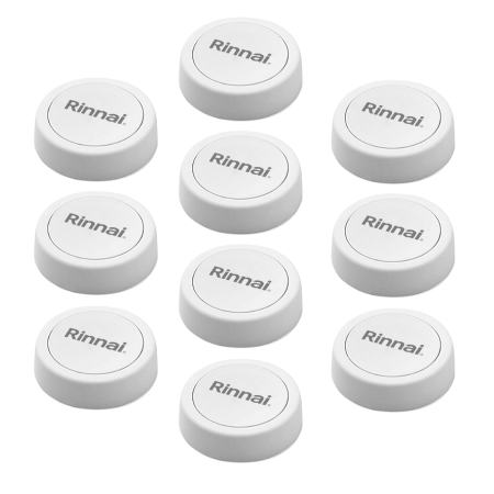 Ten white Rinnai wireless recirculation module buttons with domed tops and brand text.