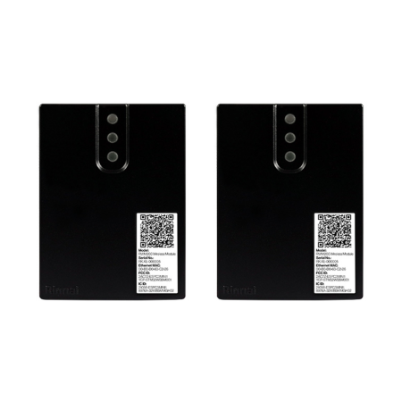 Two black rectangular wireless modules with vertical button panels and QR code labels on front.