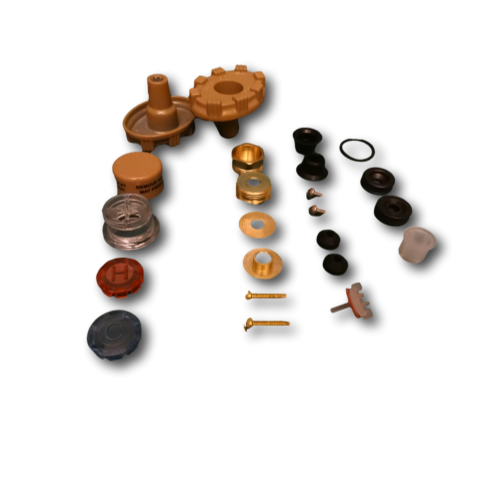 Woodford RK-22PRV repair kit components including brass fittings, rubber seals, springs, and metal parts arranged separately.