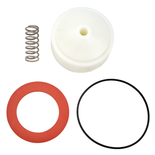 Metal spring, white plastic float cap, red rubber seal ring, and black rubber gasket shown separately.