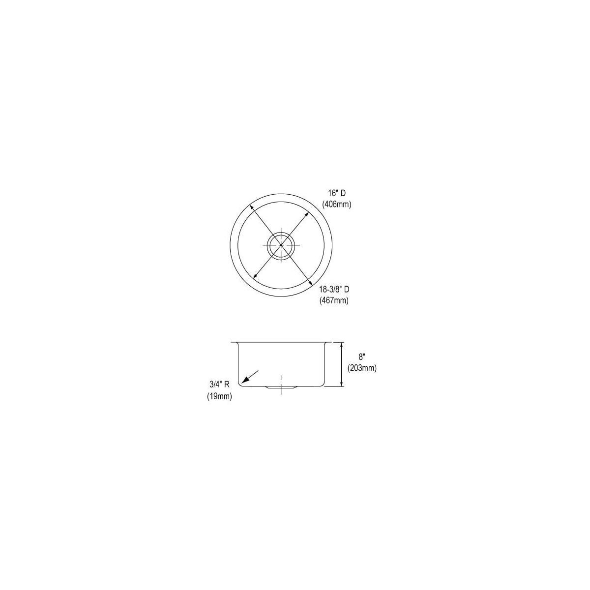 Stainless steel drop-in bar sink with circular bowl, top view and side profile showing dimensions and depth measurements.