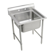 Stainless steel floor mount scullery sink with single compartment basin, backsplash, and four legs.