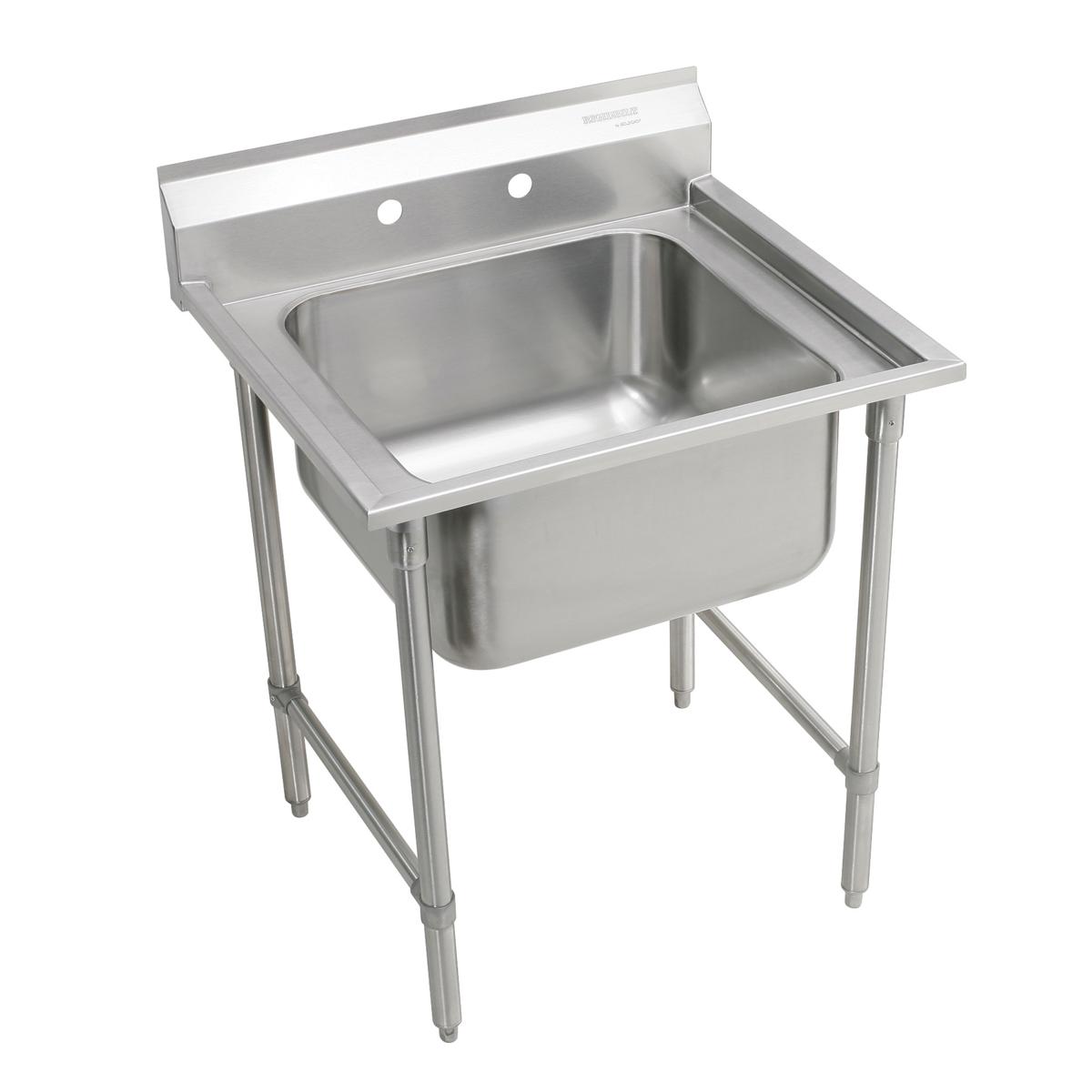 Stainless steel floor mount scullery sink with single compartment basin, backsplash, and four legs.