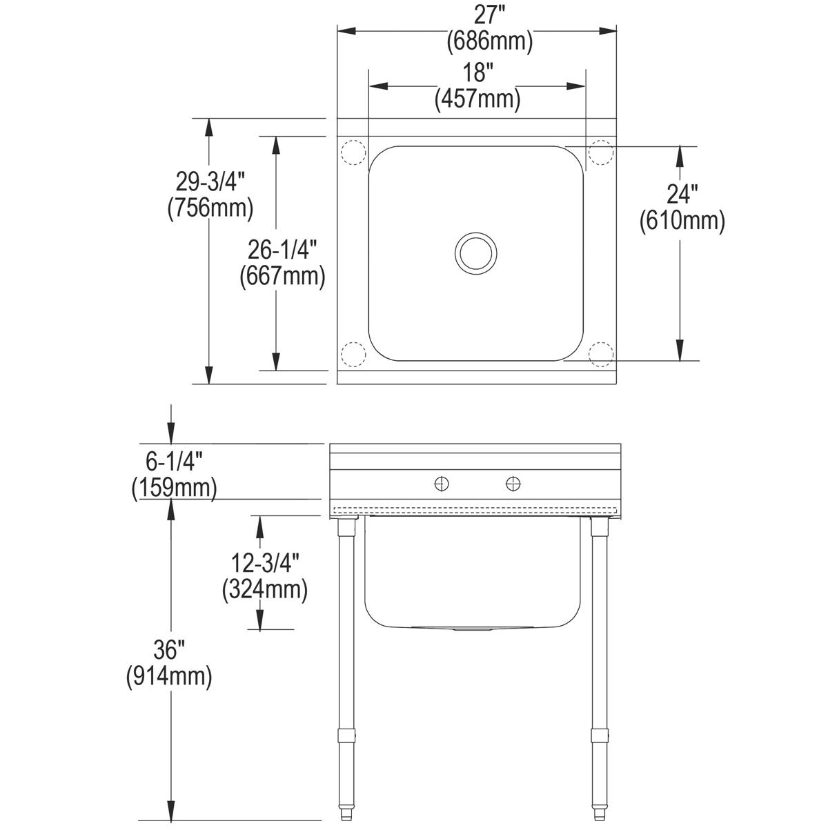 Stainless steel floor-mount scullery sink with single compartment, top and side elevation technical drawings with dimensions.