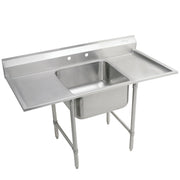Stainless steel scullery sink with single compartment basin, left and right drainboards, and four legs for floor mounting.