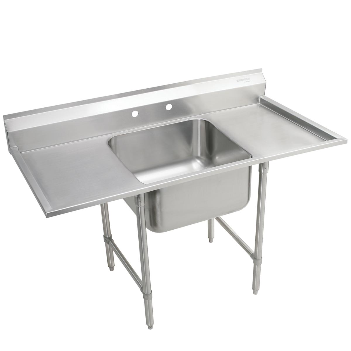 Stainless steel scullery sink with single compartment basin, left and right drainboards, and four legs for floor mounting.