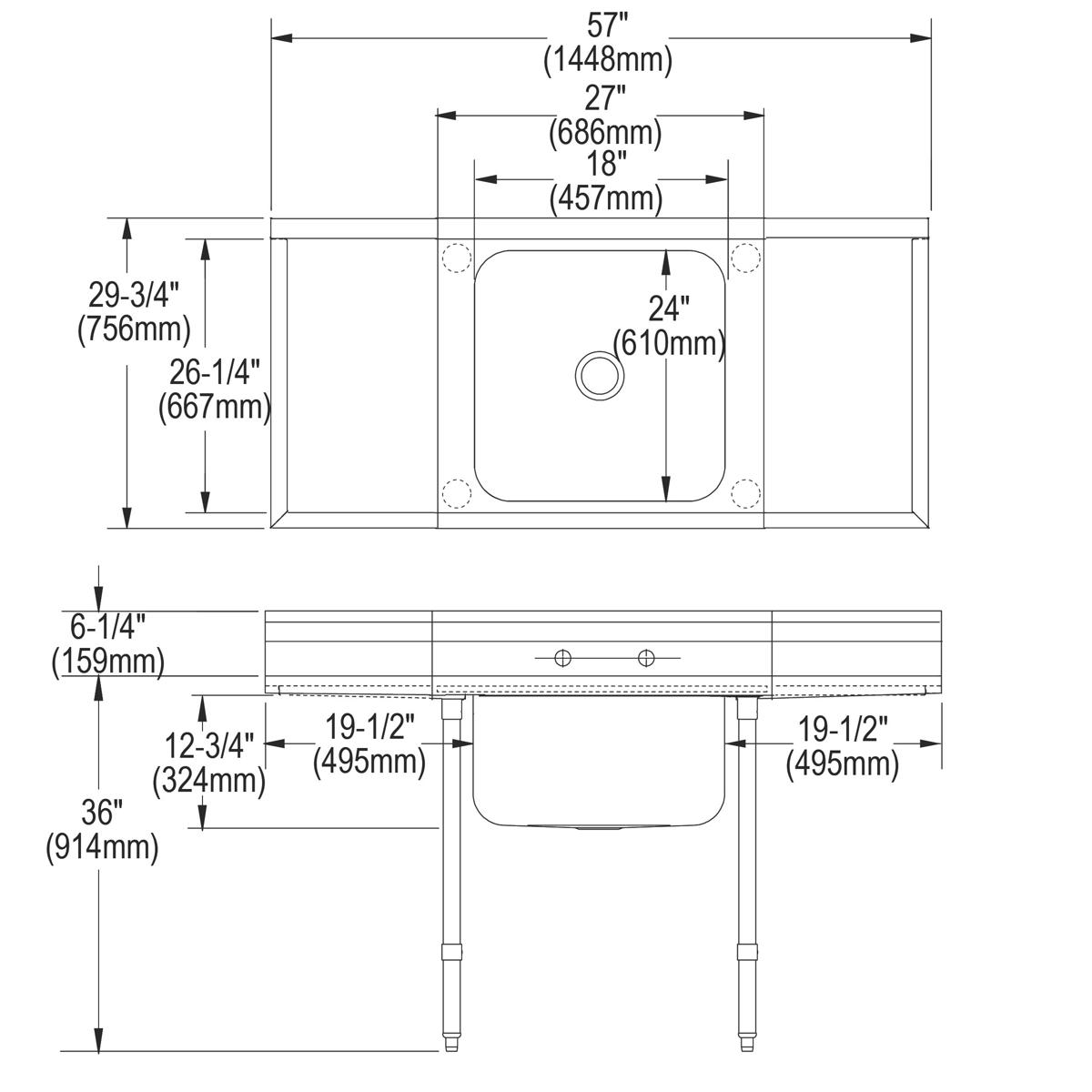 Stainless steel floor-mount sink with single compartment basin, drainboard, and detailed dimension specifications.