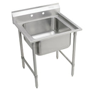 Stainless steel floor mount sink with single compartment basin, backsplash, and four-leg stand frame.