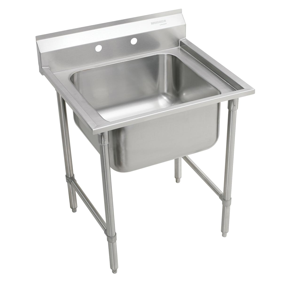 Stainless steel floor mount sink with single compartment basin, backsplash, and four-leg stand frame.