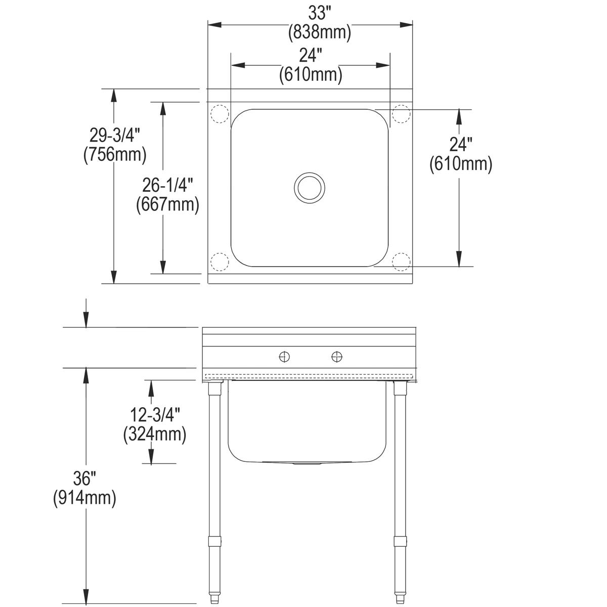 Stainless steel floor mount scullery sink with single compartment and top and side elevation technical drawings showing dimen