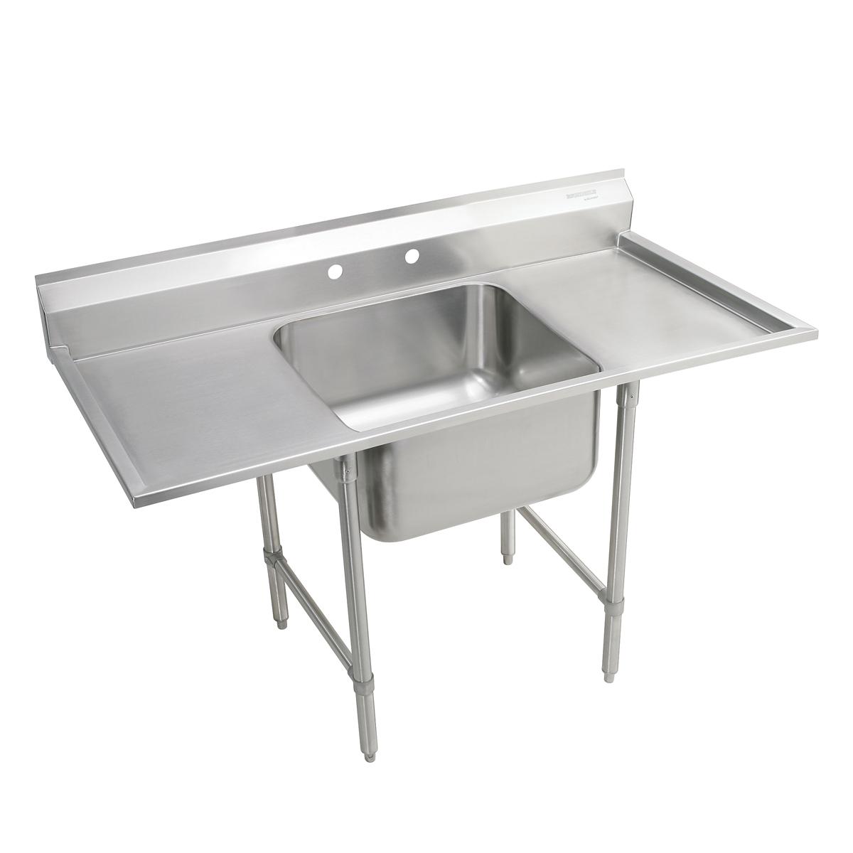 Stainless steel floor-mount sink with single compartment basin, left drainboard, and metal leg supports.