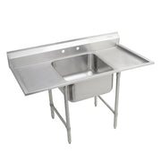 Stainless steel floor-mount sink with single compartment basin, left drainboard, and metal leg supports.