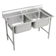 Stainless steel floor mount scullery sink with two deep compartments, backsplash, and metal legs.