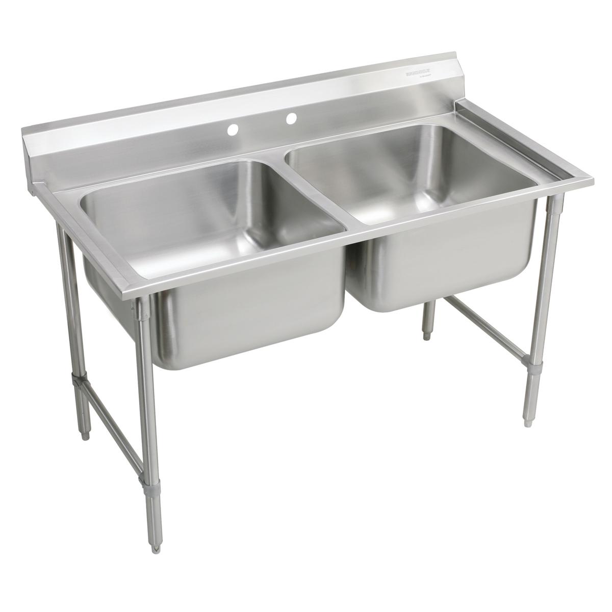 Stainless steel floor mount scullery sink with two deep compartments, backsplash, and metal legs.
