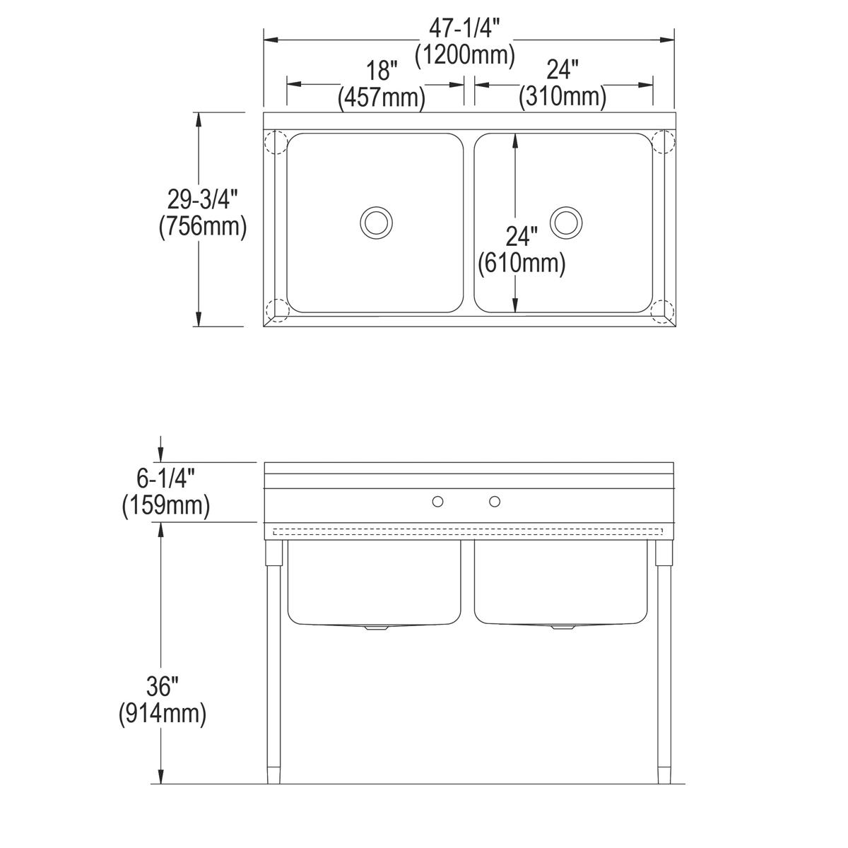Top and side technical drawings of stainless steel double compartment sink with dimensions and drain locations marked.