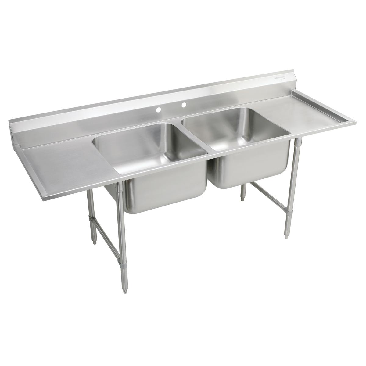 Stainless steel floor-mounted scullery sink with two compartments, left and right drainboards, and tubular legs.