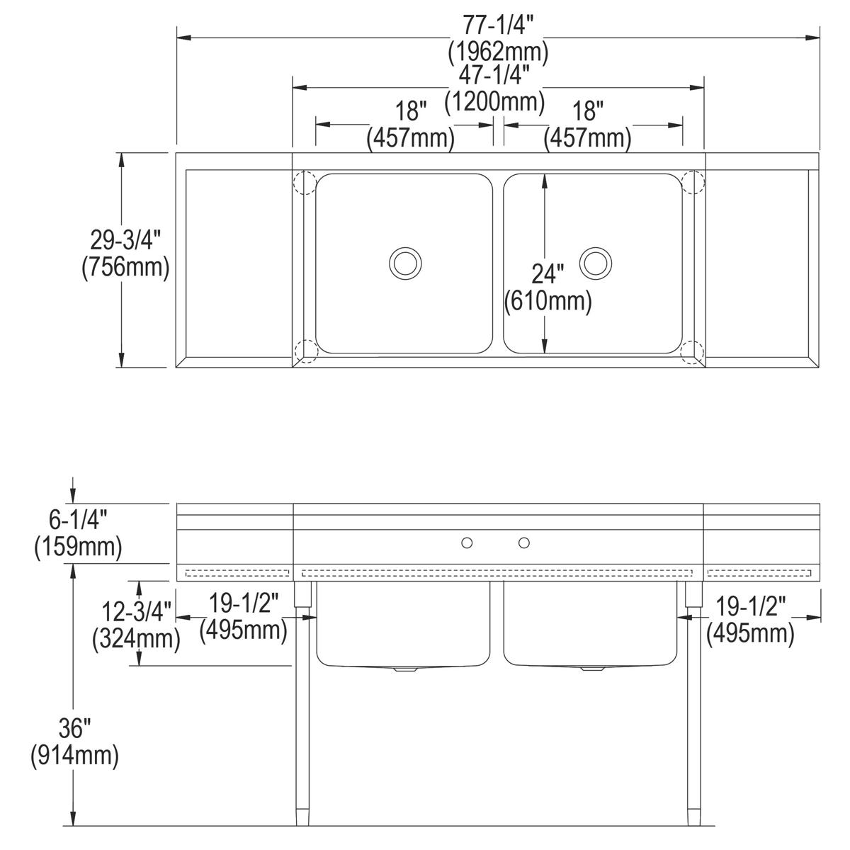 Stainless steel floor-mount scullery sink with two compartments, drainboards on each side, and center drain holes.