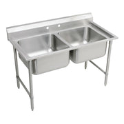 Stainless steel floor-mount scullery sink with two rectangular compartments and backsplash.