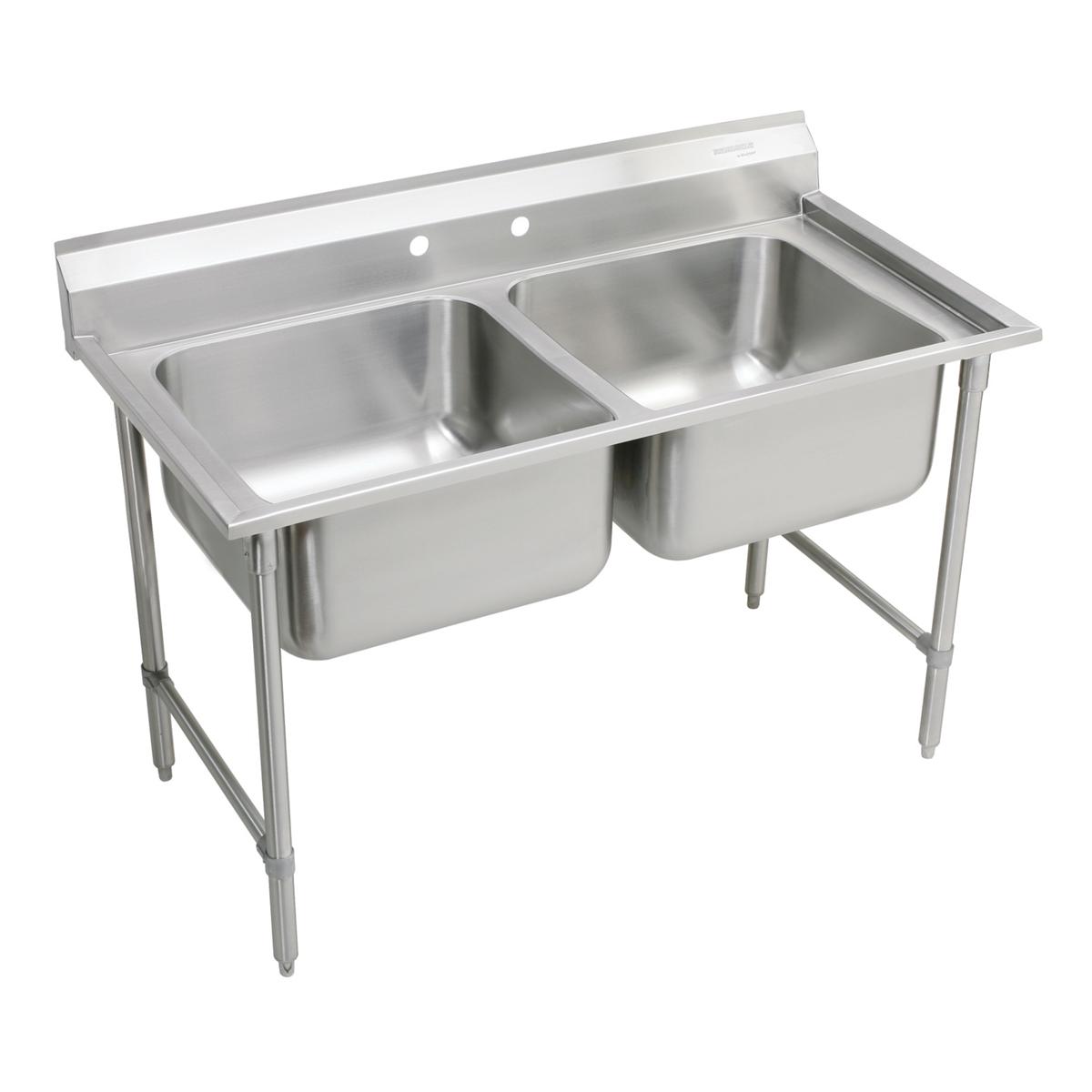 Stainless steel floor-mount scullery sink with two rectangular compartments and backsplash.