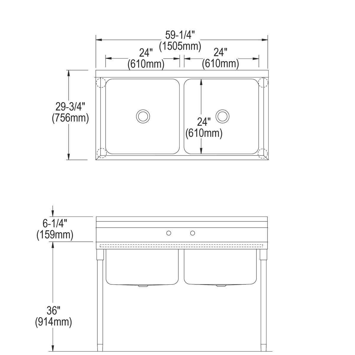 Top-down and side technical drawing of stainless steel double-compartment scullery sink with dimensions and drain locations.