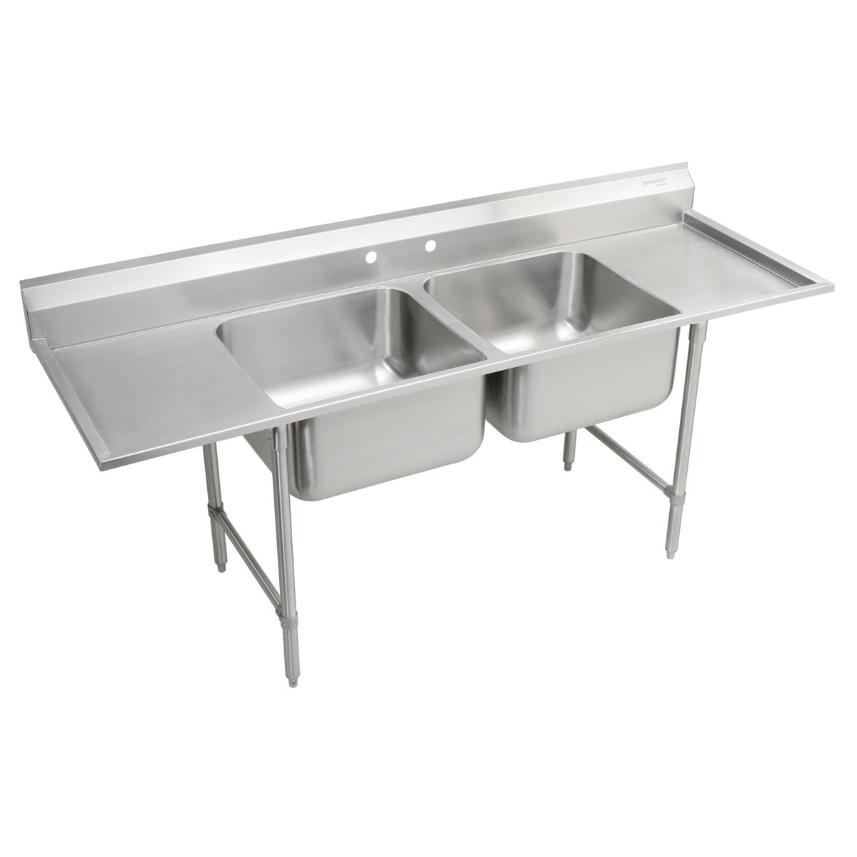 Stainless steel scullery sink with two compartments and drainboards on left and right sides, mounted on four legs.