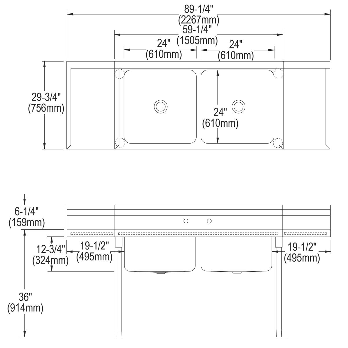 Stainless steel double compartment sink with drainboards on each end and two drain holes marked, shown in top and side techni