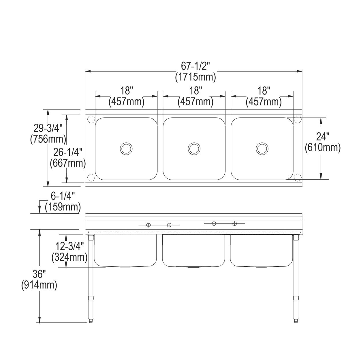 Stainless steel triple compartment scullery sink with floor mount legs, three 18-inch basins, and detailed dimensions shown i