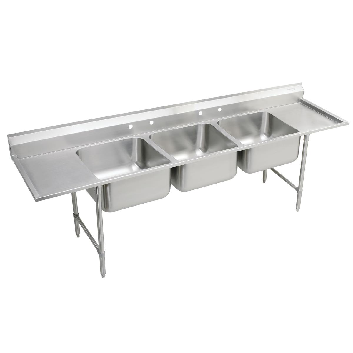 Stainless steel floor-mount sink with three compartments, drainboards on left and right sides, and four legs.