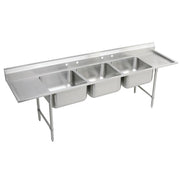 Stainless steel floor-mount sink with three compartments, drainboards on left and right sides, and four legs.