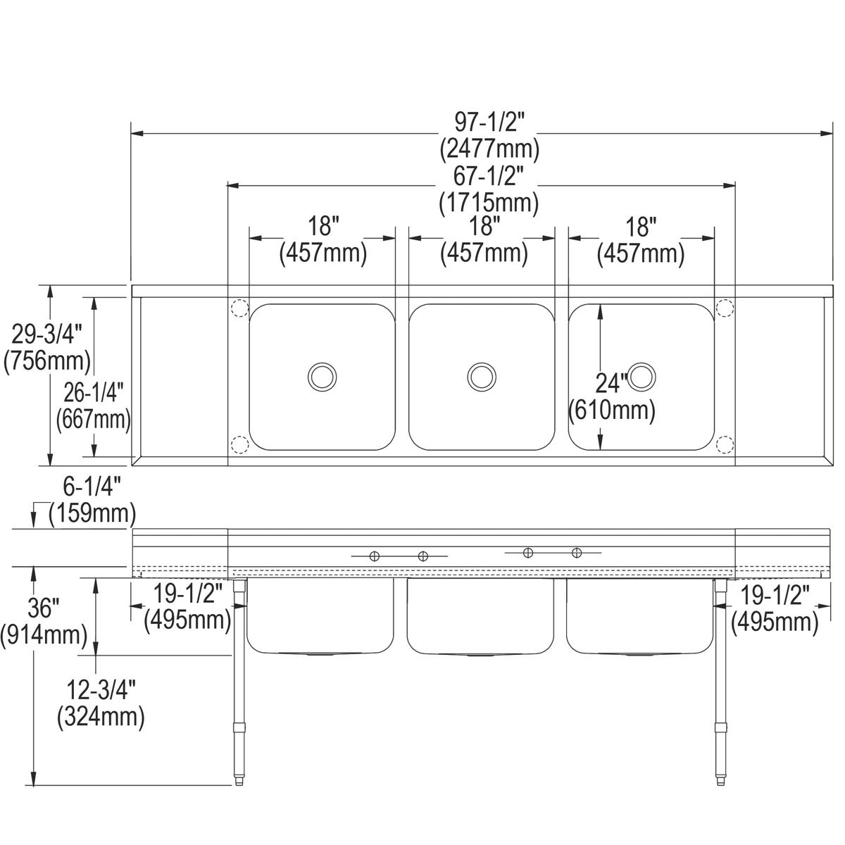 Stainless steel floor mount triple compartment sink with drainboard, three bowls with one larger bowl, and dimensional specif