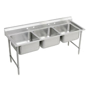 Stainless steel triple compartment sink with three rectangular bowls, drainboard, and metal legs for floor mounting.