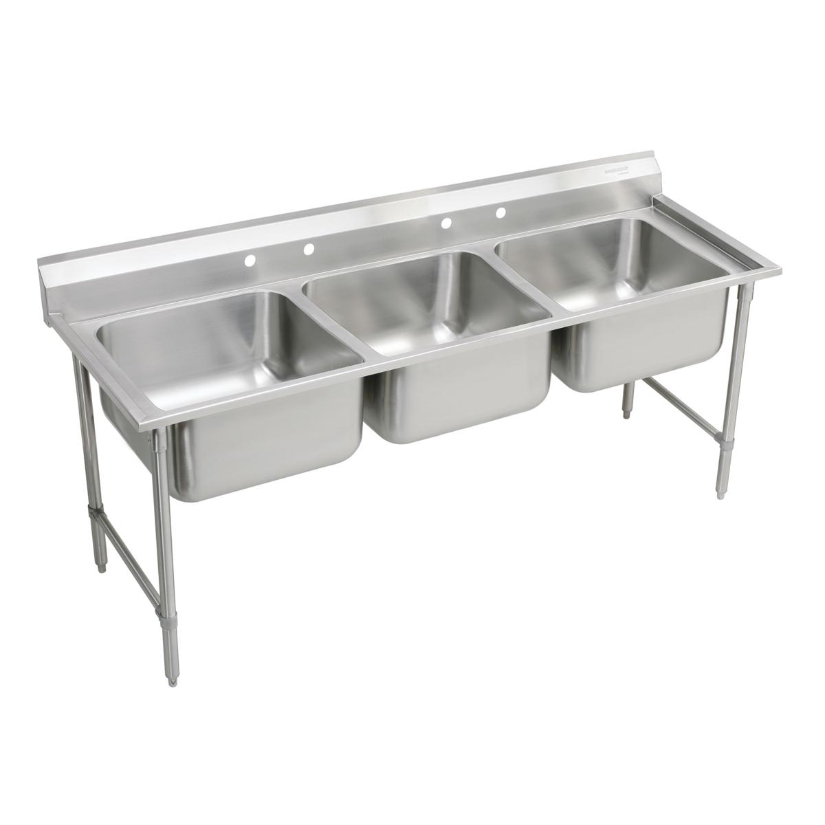 Stainless steel triple compartment sink with three rectangular bowls, drainboard, and metal legs for floor mounting.