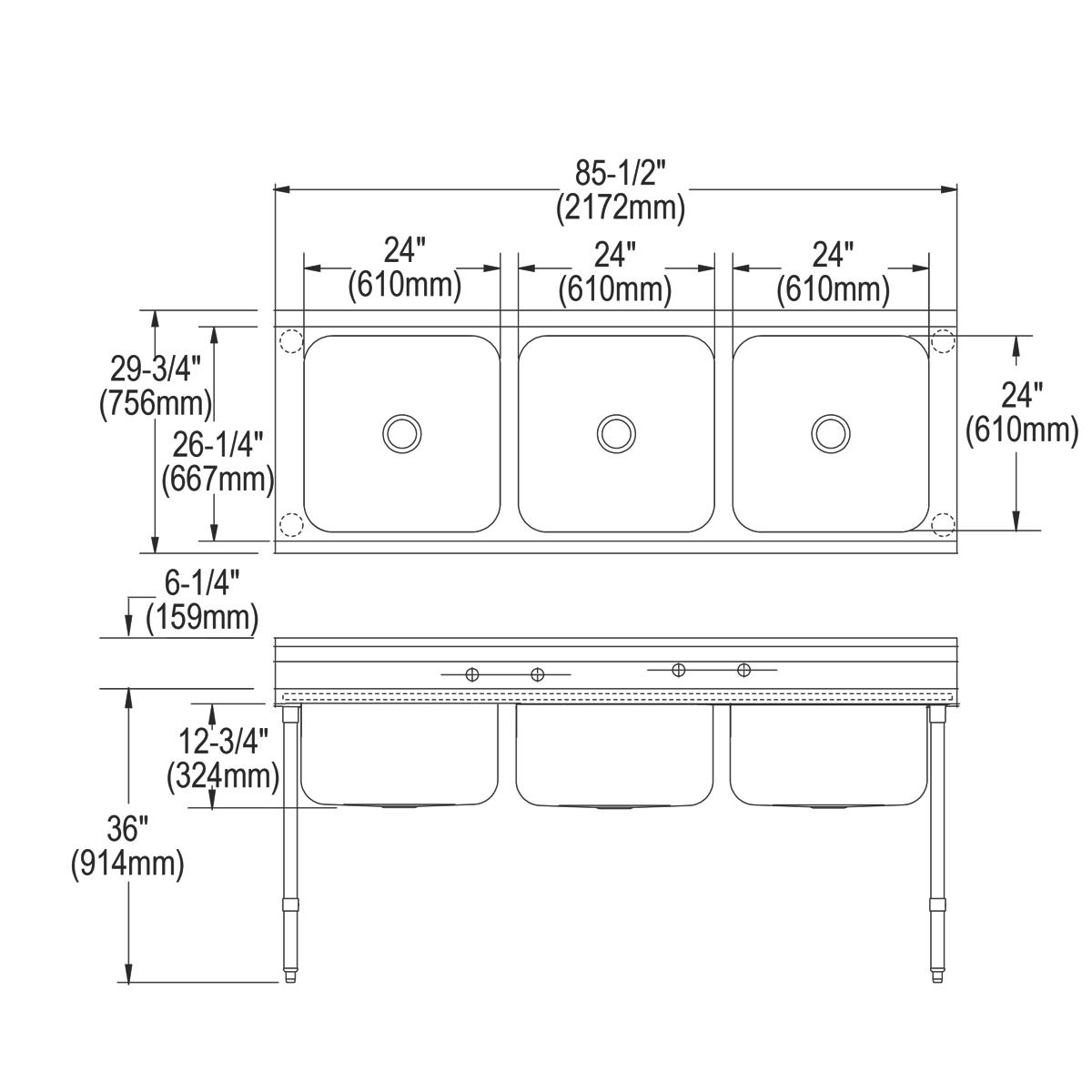 Stainless steel floor-mount triple compartment scullery sink with three 24-inch bowls and drain holes.