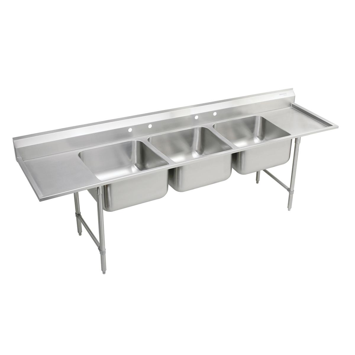 Stainless steel floor-mount sink with three compartments, drainboards on both ends, and metal legs.