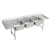 Stainless steel floor-mount sink with three compartments, drainboards on both ends, and metal legs.