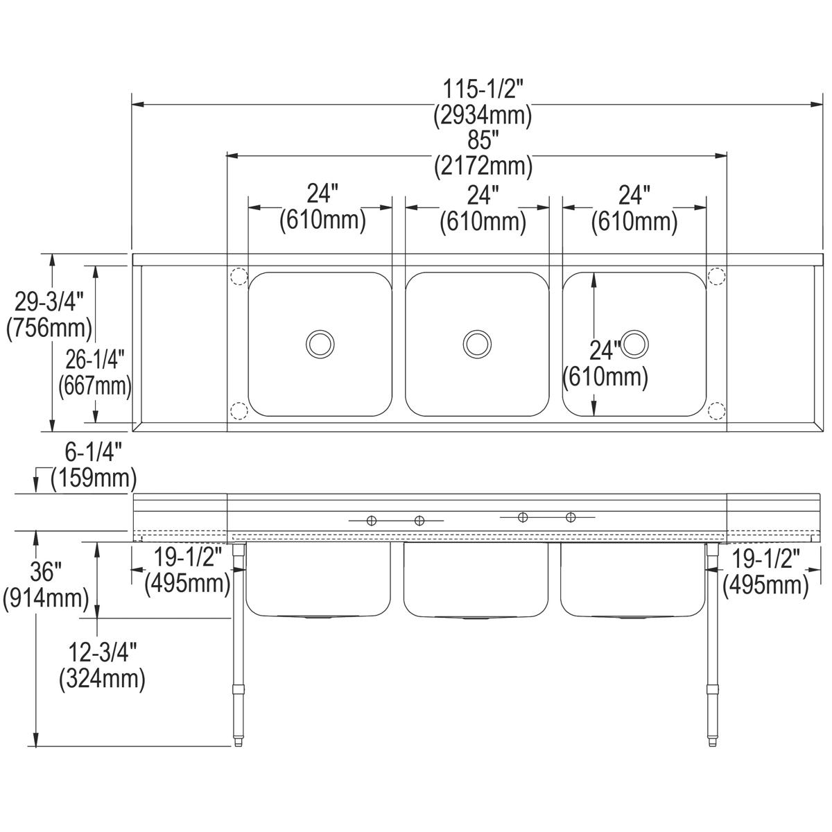 Stainless steel triple compartment sink with drainboards, three 24-inch basins, and floor mount legs, shown in top and side t