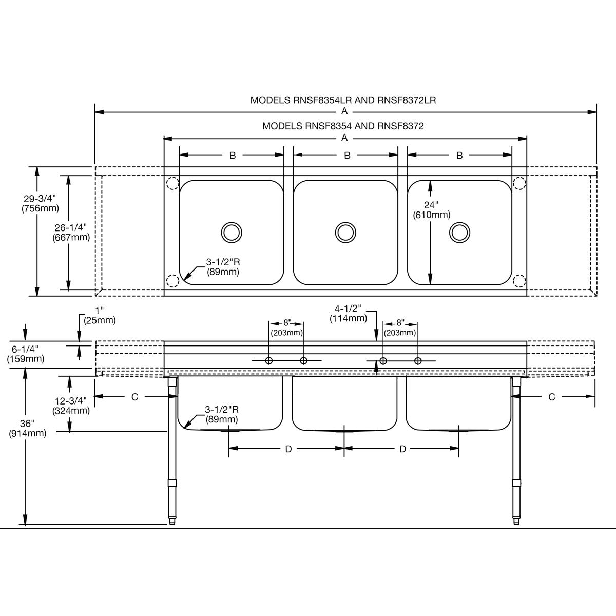 Stainless steel triple compartment sink with technical dimensions and specifications shown in top and side elevation views.