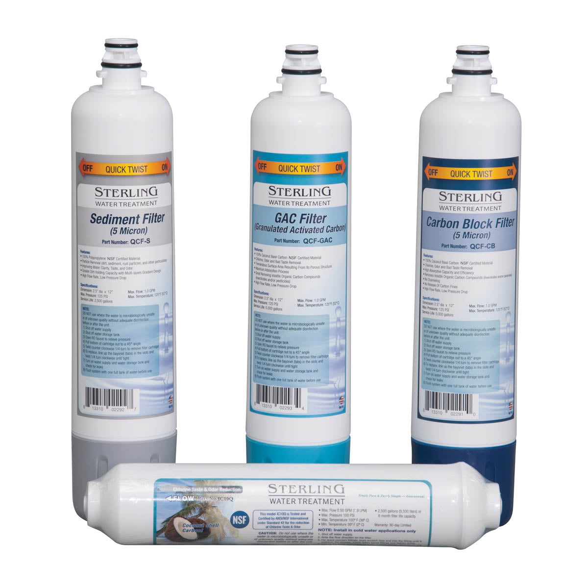 Three Sterling Water Treatment replacement filters and one white inline filter cartridge with Quick Twist connectors.