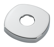 Stainless steel round shower flange with center hole and curved edges.