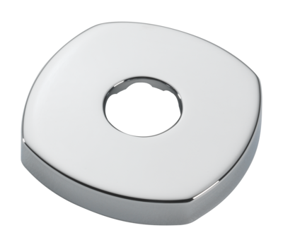 Stainless steel round shower flange with center hole and curved edges.