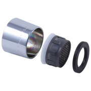 Disassembled faucet aerator showing chrome housing, black threaded collar, and rubber washer components.
