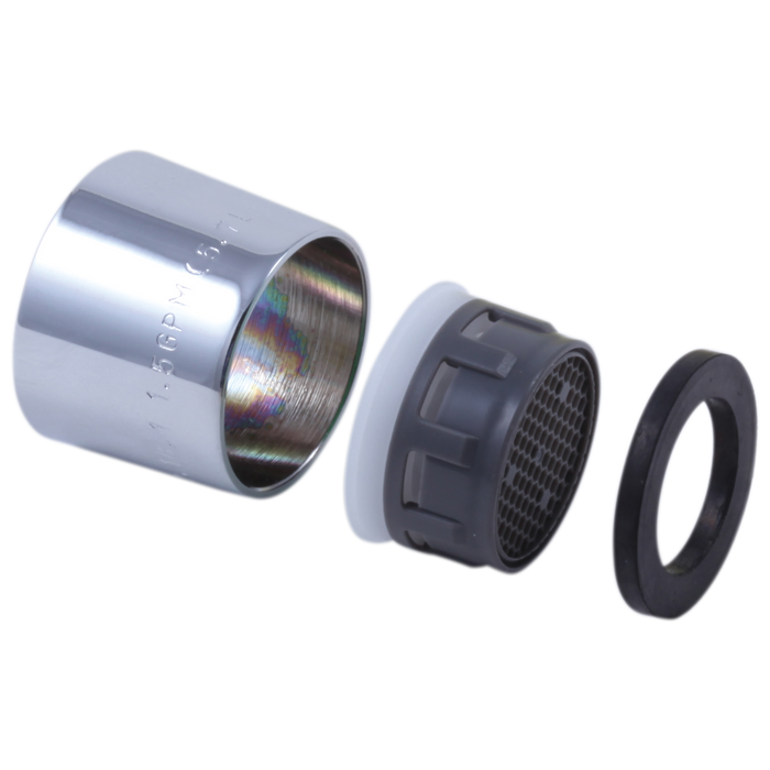Disassembled faucet aerator showing chrome housing, black threaded collar, and rubber washer components.