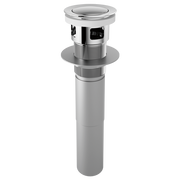 Brushed nickel push button pop-up drain assembly with overflow port and threaded mounting collar.