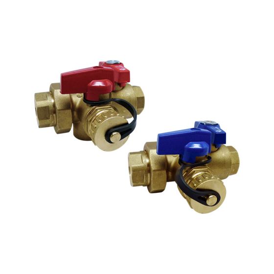 Two brass ball valves with red and blue handles and female threaded connections on both ends.