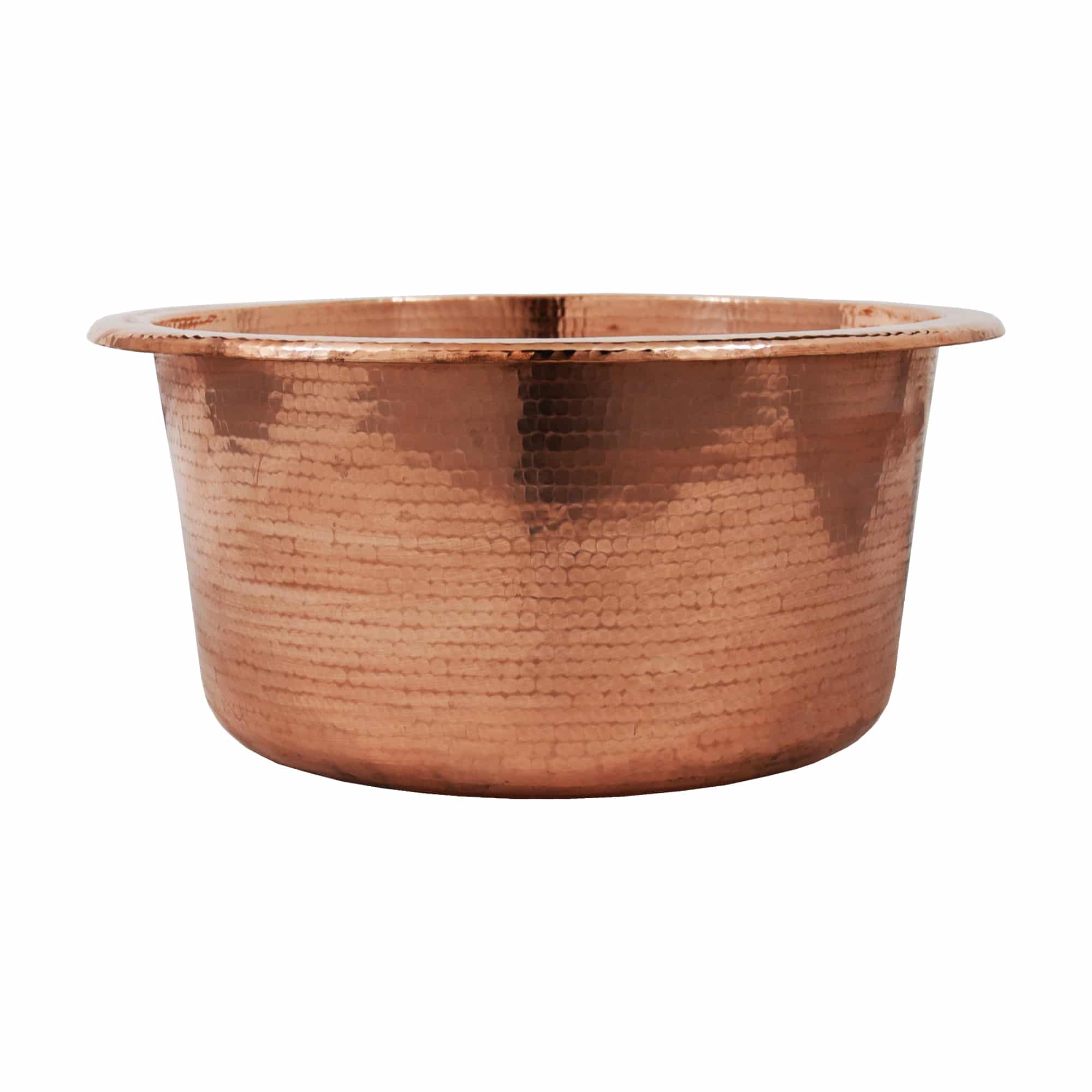 Polished copper bowl with hammered texture and rolled rim, shown from above at an angle.