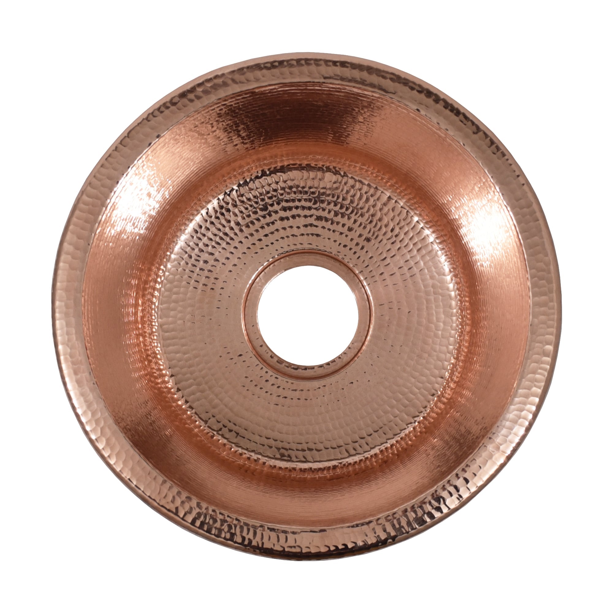 Polished copper round sink with hammered texture and central drain opening, viewed from above.
