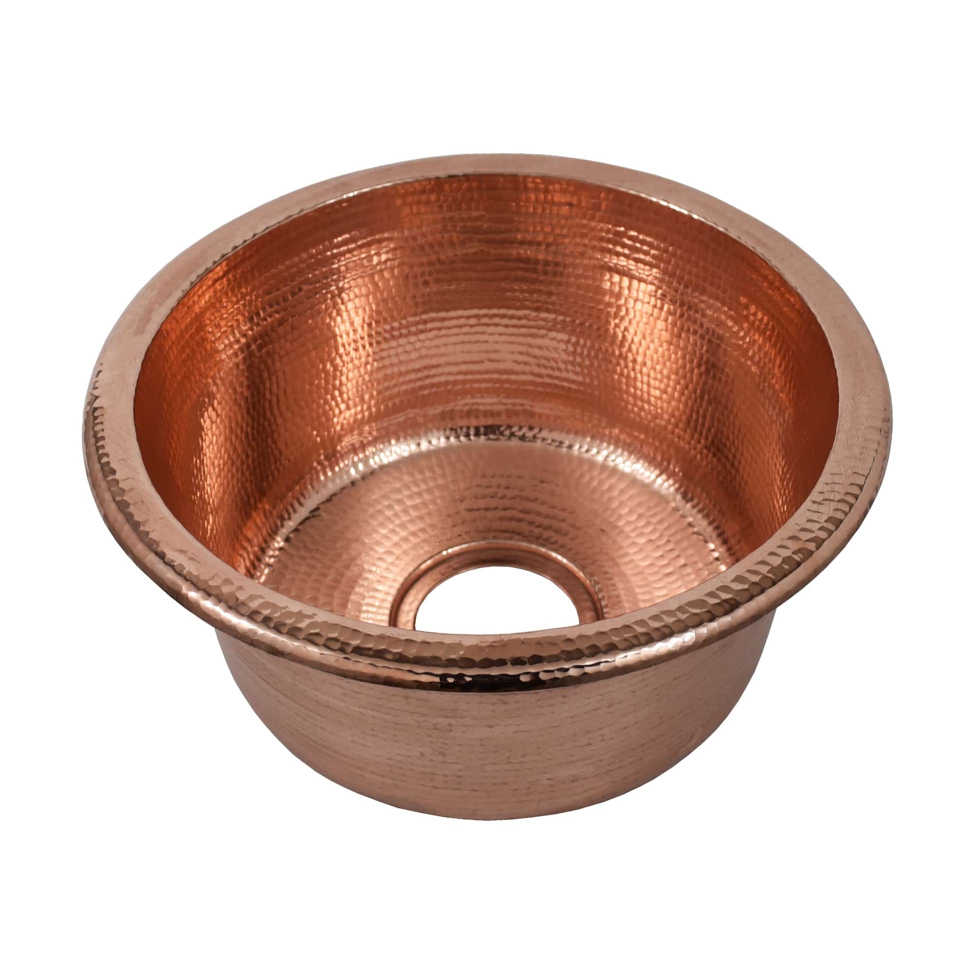 Polished copper round sink with hammered interior texture and decorative rim, viewed from above.