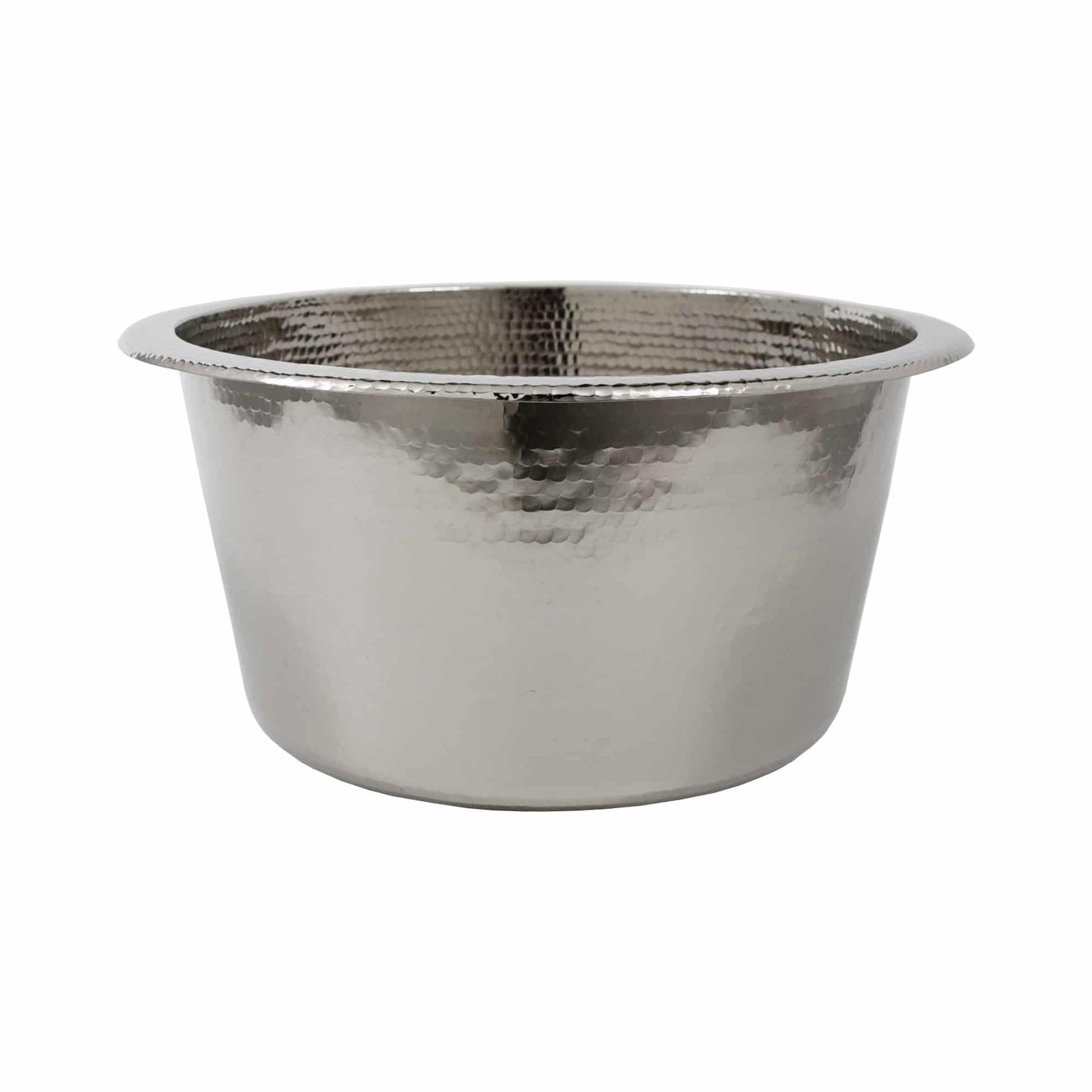 Polished nickel round sink with hammered texture interior and smooth exterior rim.