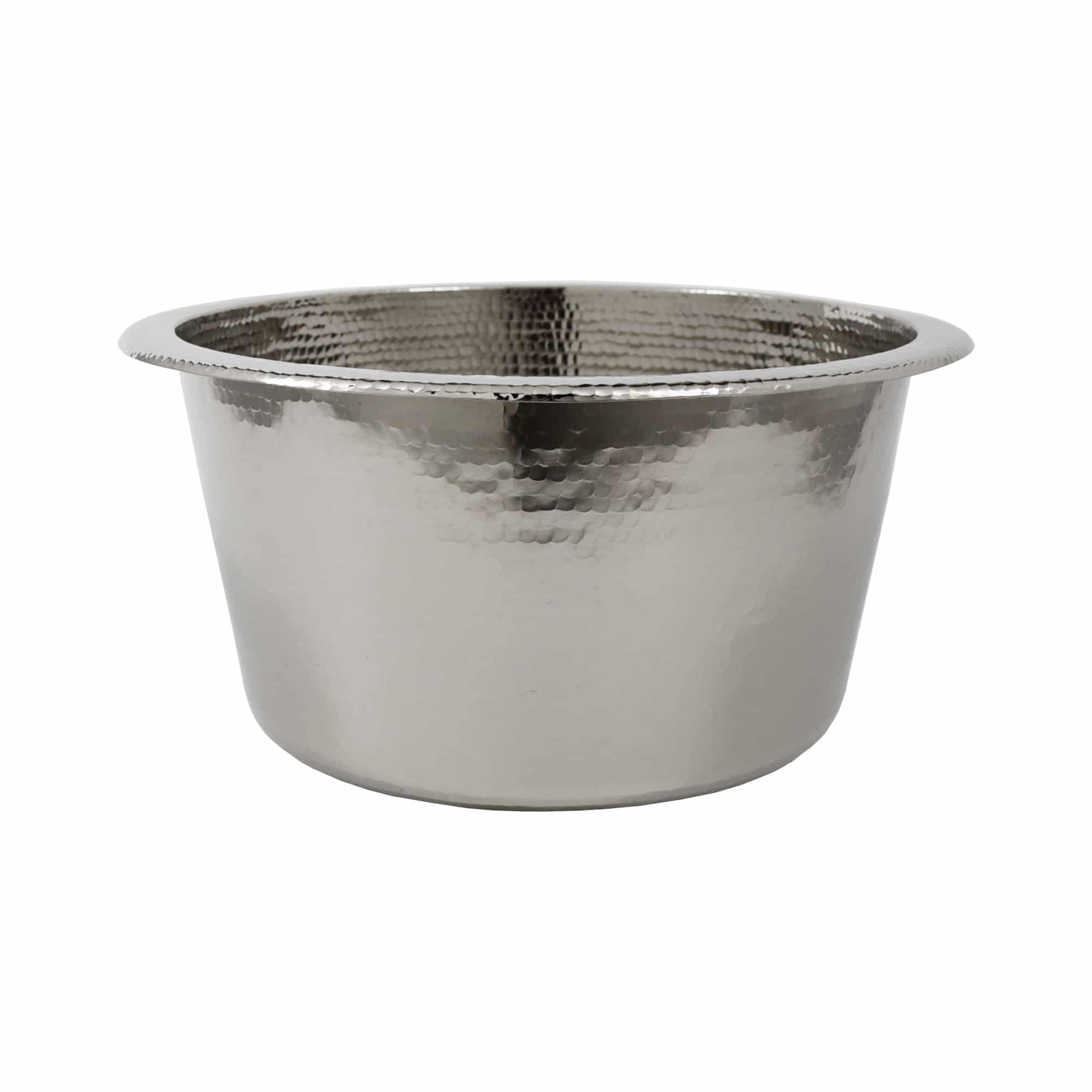 Polished nickel round sink with hammered texture interior and smooth exterior rim.